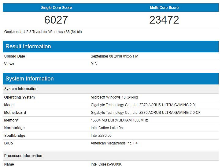 Intel Core i5-9600K протестирован в Geekbench